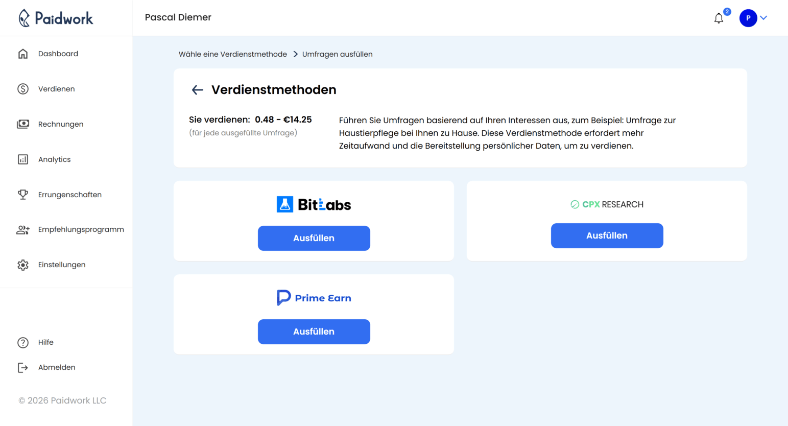 Geld verdienen durch Abschließen von Marktforschungs-Umfragen mit dem Make Opinion-Partner auf der Paidwork-Plattform