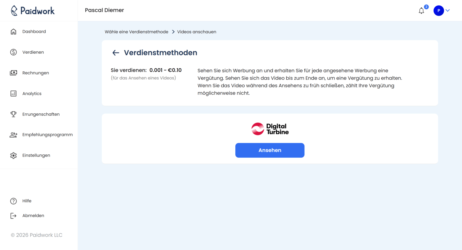 Warum Videoeinnahmen pro Tag auf Paidwork begrenzt sind - Tägliche Videolimits Dashboard