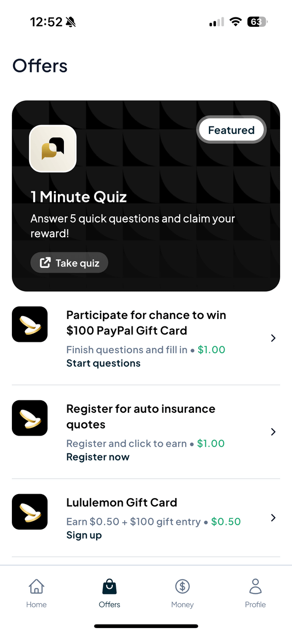 Captura de pantalla de la aplicación móvil de Benjamin mostrando tareas disponibles, actividades y oportunidades de recompensa