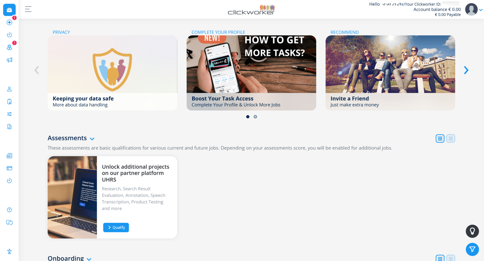Página de ganhos Clickworker mostrando microtarefas e oportunidades de trabalho profissional