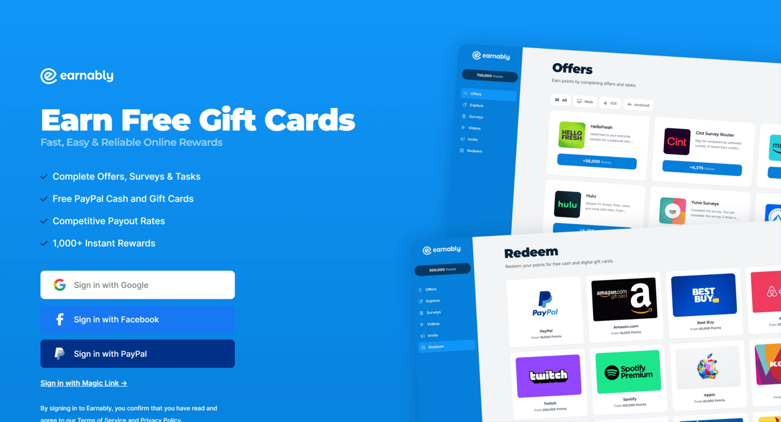 Página de inicio de Earnably mostrando resumen de la plataforma y oportunidades de ganancia