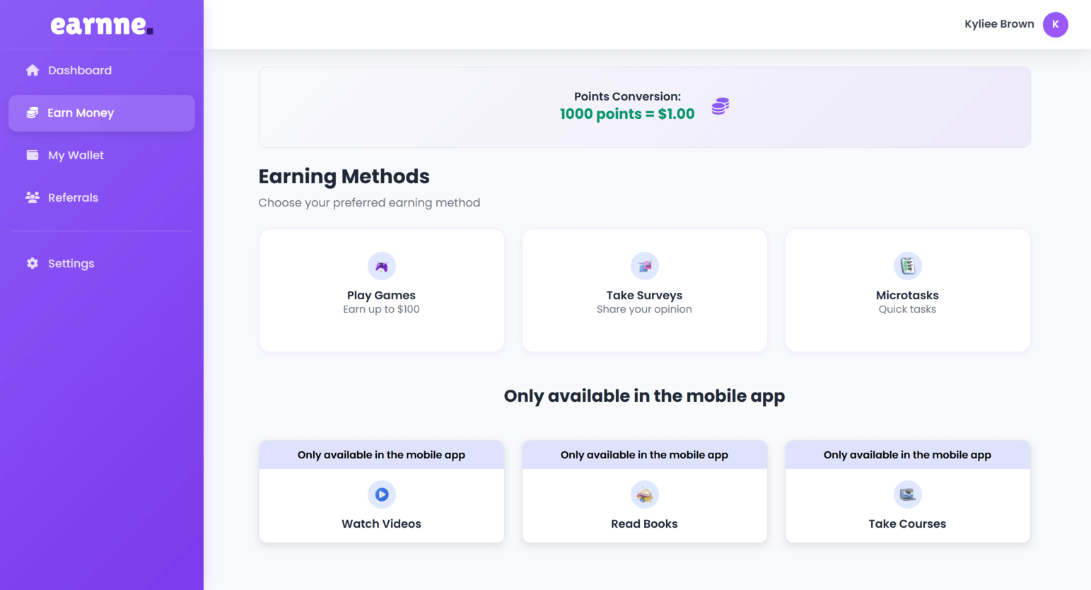 Earnne Verdienstseite mit verfügbaren Aufgaben, Umfragen, Kursen, Spielen und Belohnungsmöglichkeiten