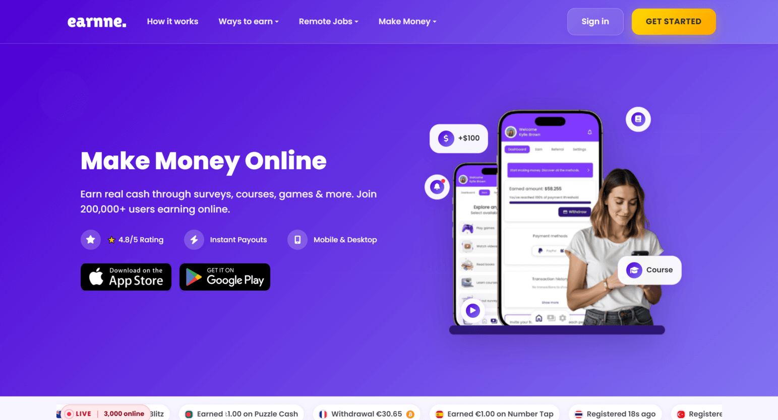 Earnne Startseite mit Plattformübersicht und Verdienstmöglichkeiten