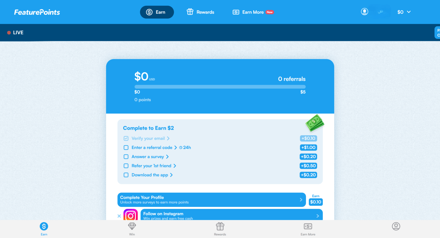 Página de ganhos FeaturePoints exibindo tarefas disponíveis, pesquisas, jogos e oportunidades de recompensa