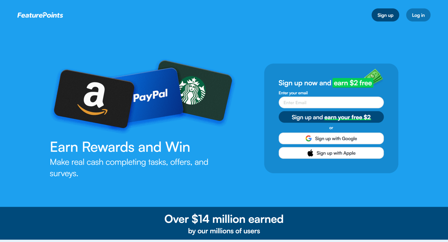 Página inicial FeaturePoints mostrando visão geral da plataforma e oportunidades de ganhos