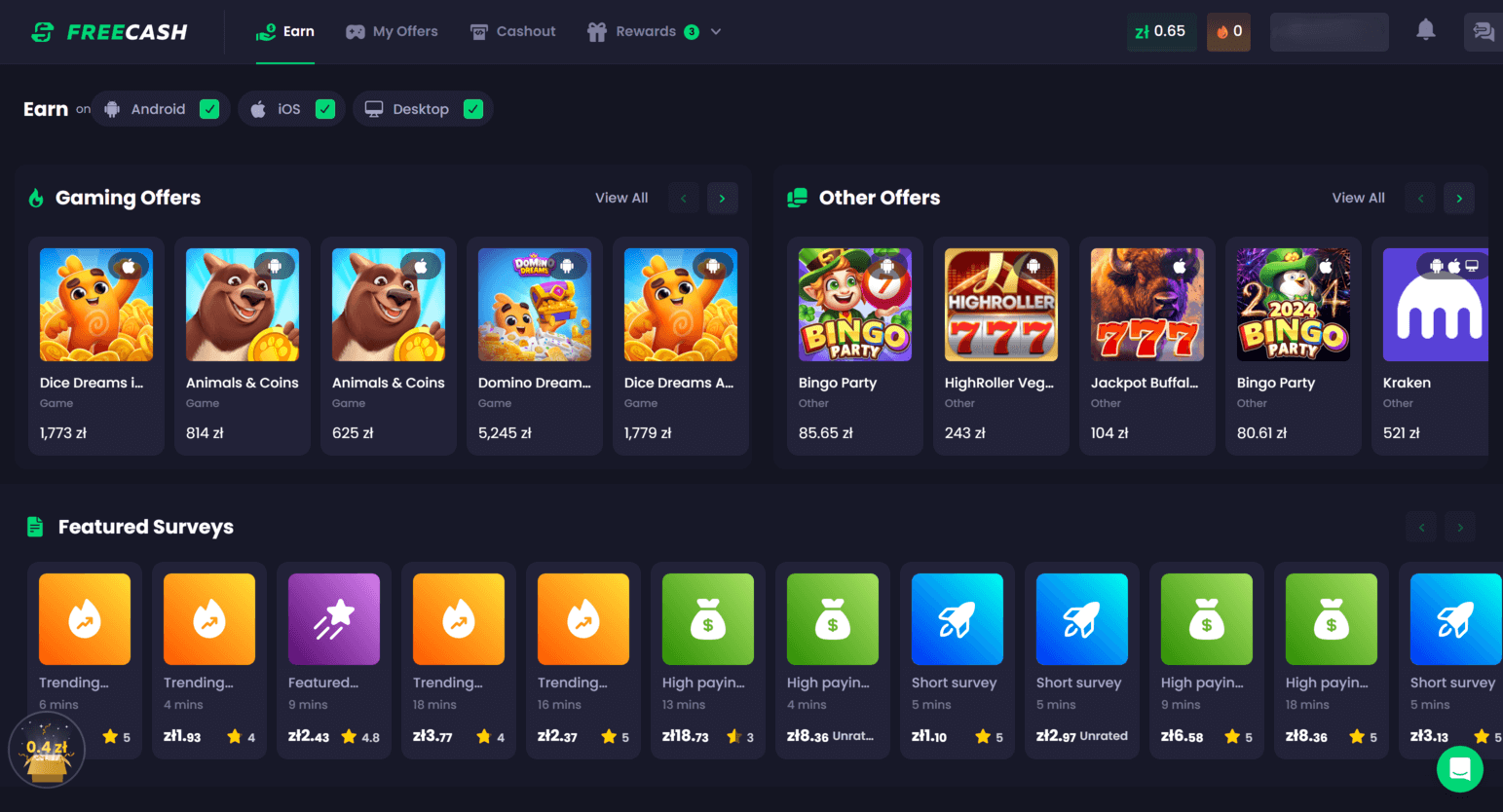 Freecash Verdienstseite mit verfügbaren Aufgaben, Umfragen, Spielen und Belohnungsmöglichkeiten