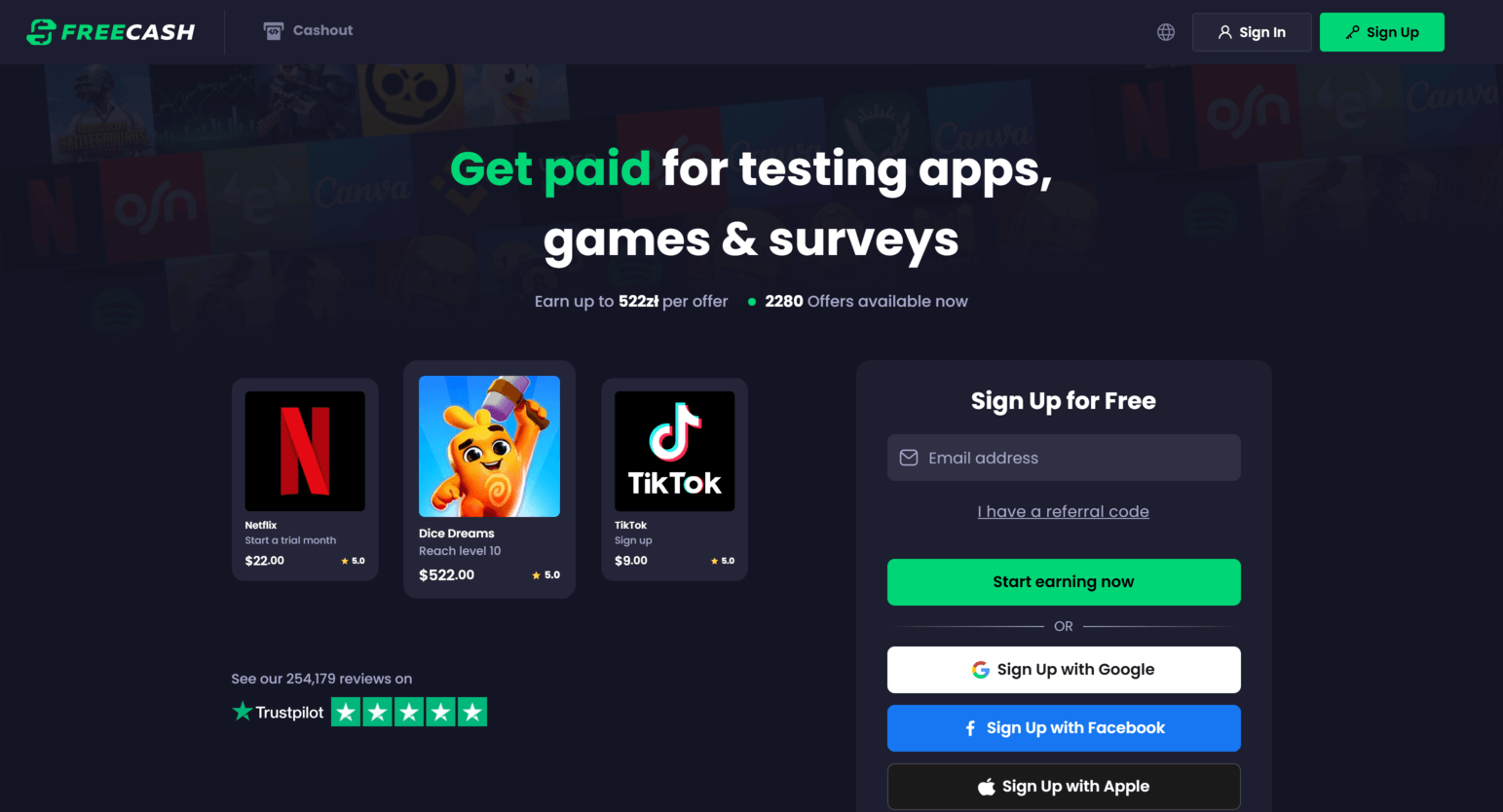 Freecash Startseite mit Plattformübersicht und Verdienstmöglichkeiten