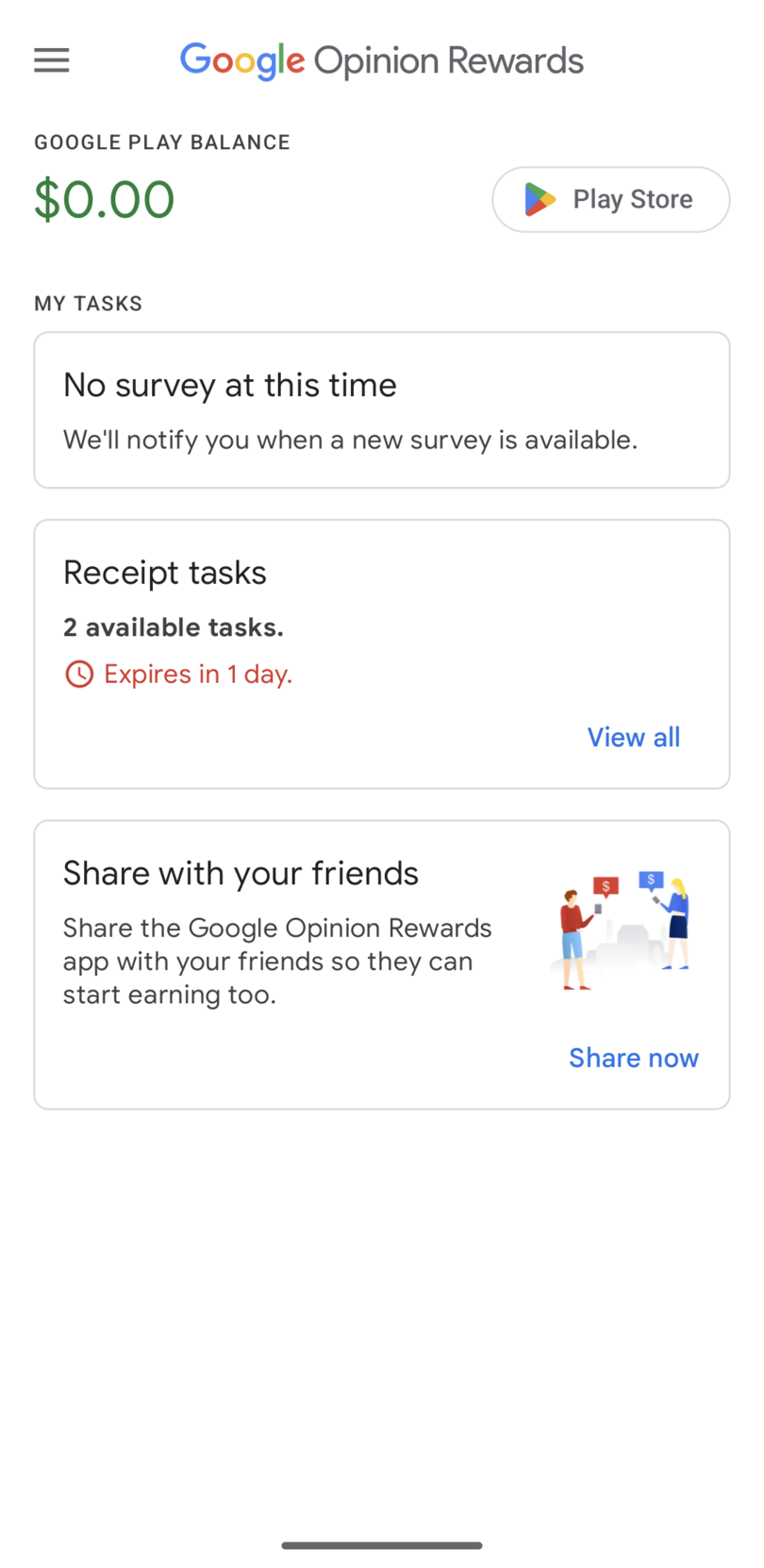 Google Opinion Rewards earning page displaying available surveys and reward options
