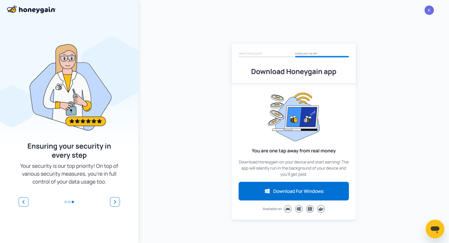 Page de gains Honeygain affichant les statistiques de partage de bande passante et les options de récompense