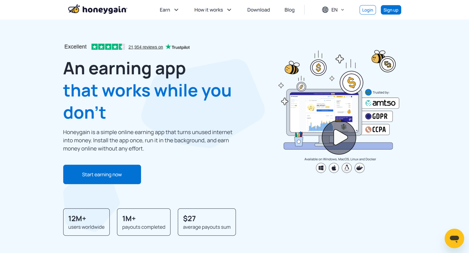 Page d'accueil Honeygain montrant la vue d'ensemble de la plateforme et les opportunités de gains
