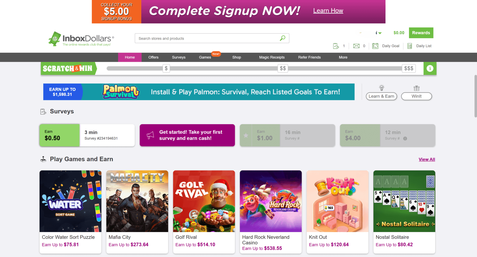 Mevcut görevleri, anketleri, oyunları ve ödül fırsatlarını gösteren InboxDollars kazanç sayfası