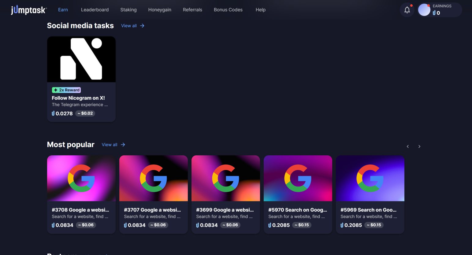 Jumptask.io earning page displaying available tasks, surveys, and reward options
