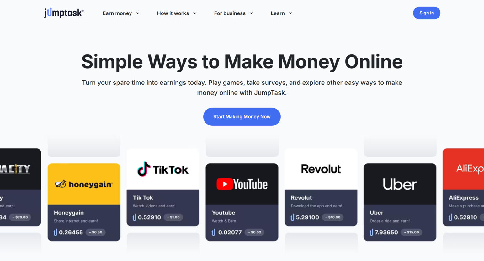 Jumptask.io homepage showing platform overview and earning opportunities