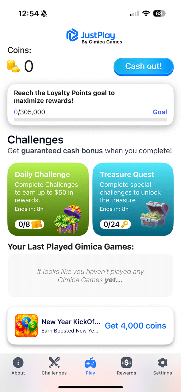 Capture d'écran de l'application mobile JustPlay affichant les jeux disponibles, le suivi du temps de jeu et les options d'échange de récompenses