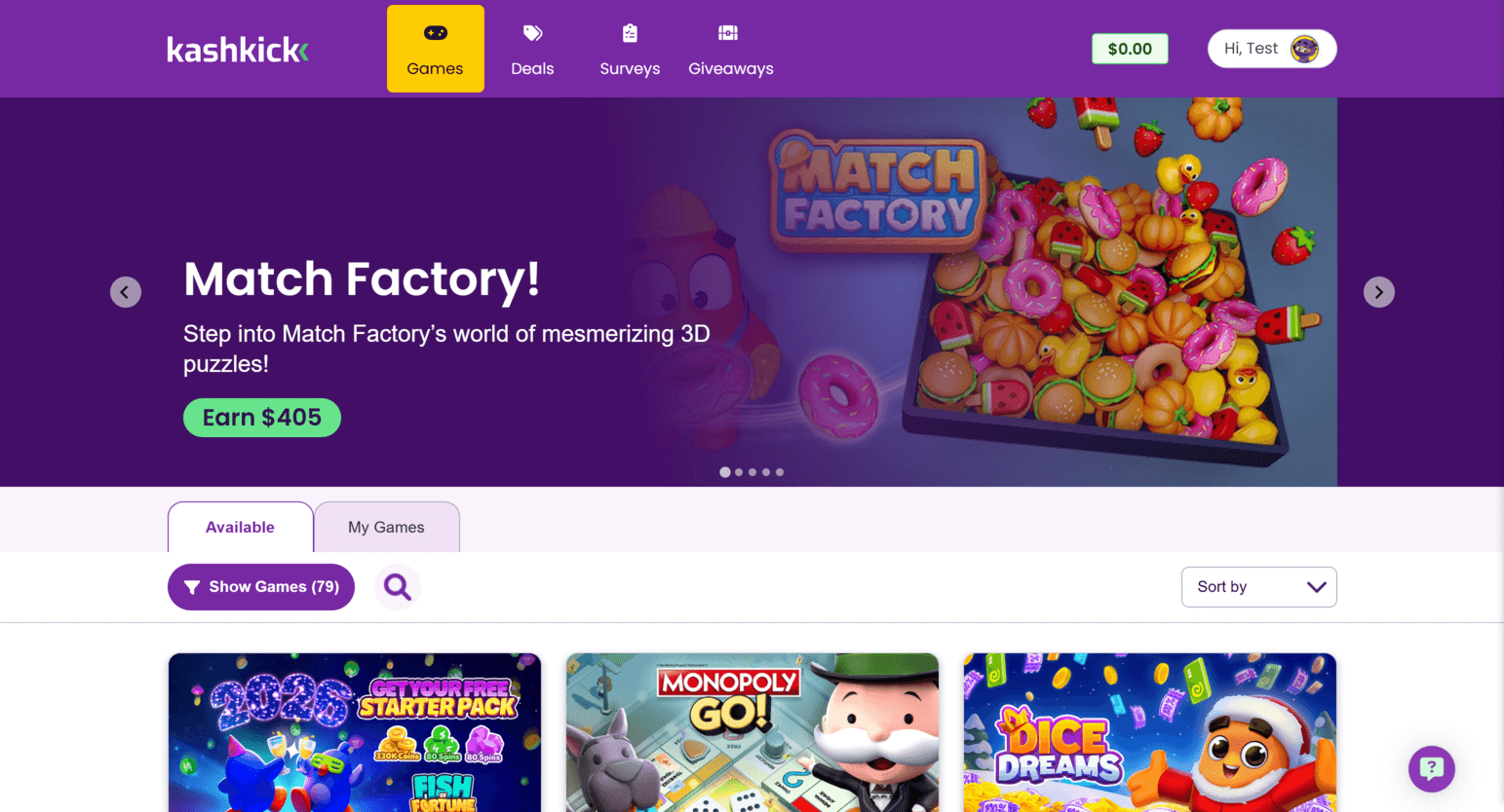 Mevcut görevleri, anketleri, oyunları ve ödül fırsatlarını gösteren KashKick kazanç sayfası