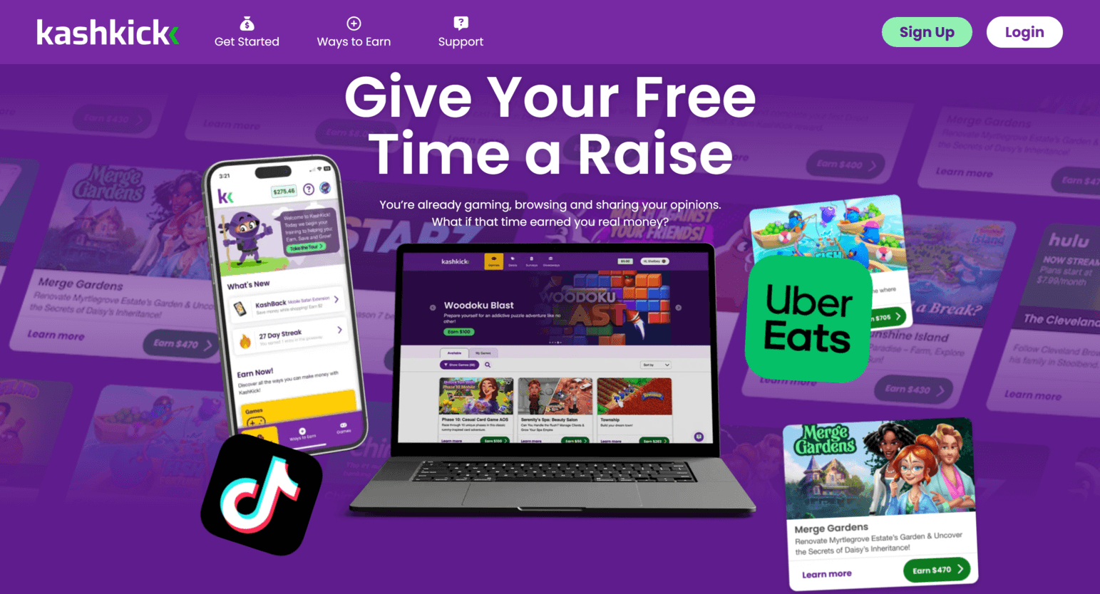 Platform genel bakışı ve kazanç fırsatlarını gösteren KashKick ana sayfası