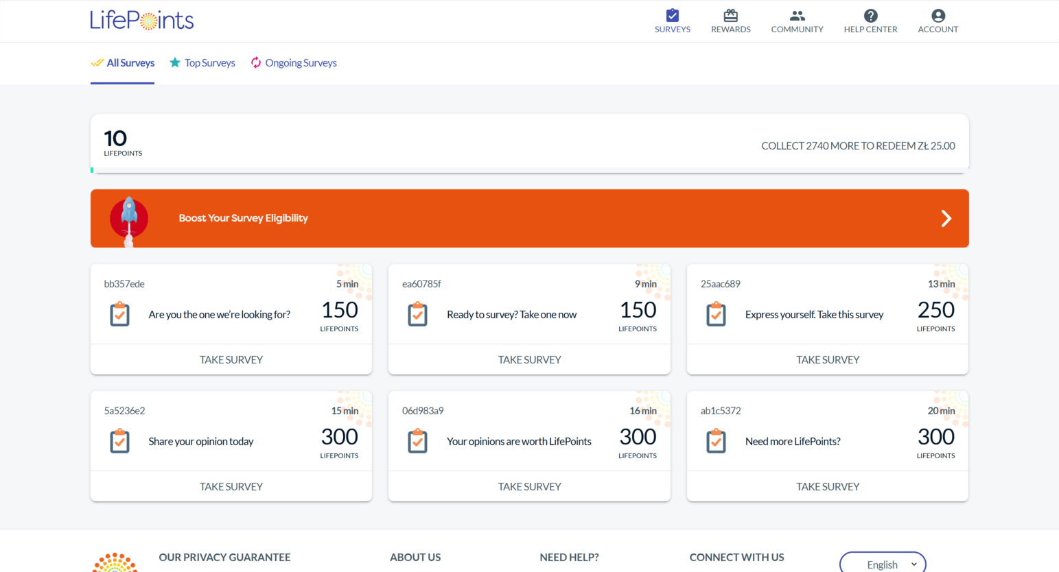 Pagina di guadagno LifePoints che mostra attività disponibili, sondaggi, giochi e opportunità di ricompensa