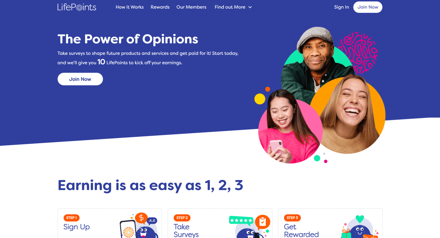 Homepage di LifePoints che mostra una panoramica della piattaforma e opportunità di guadagno