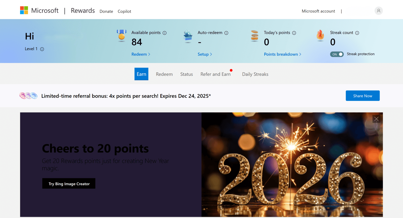 Microsoft Rewards Verdienstseite mit verfügbaren Aktivitäten, Quizzen, Such-Belohnungen und Einlösungsoptionen