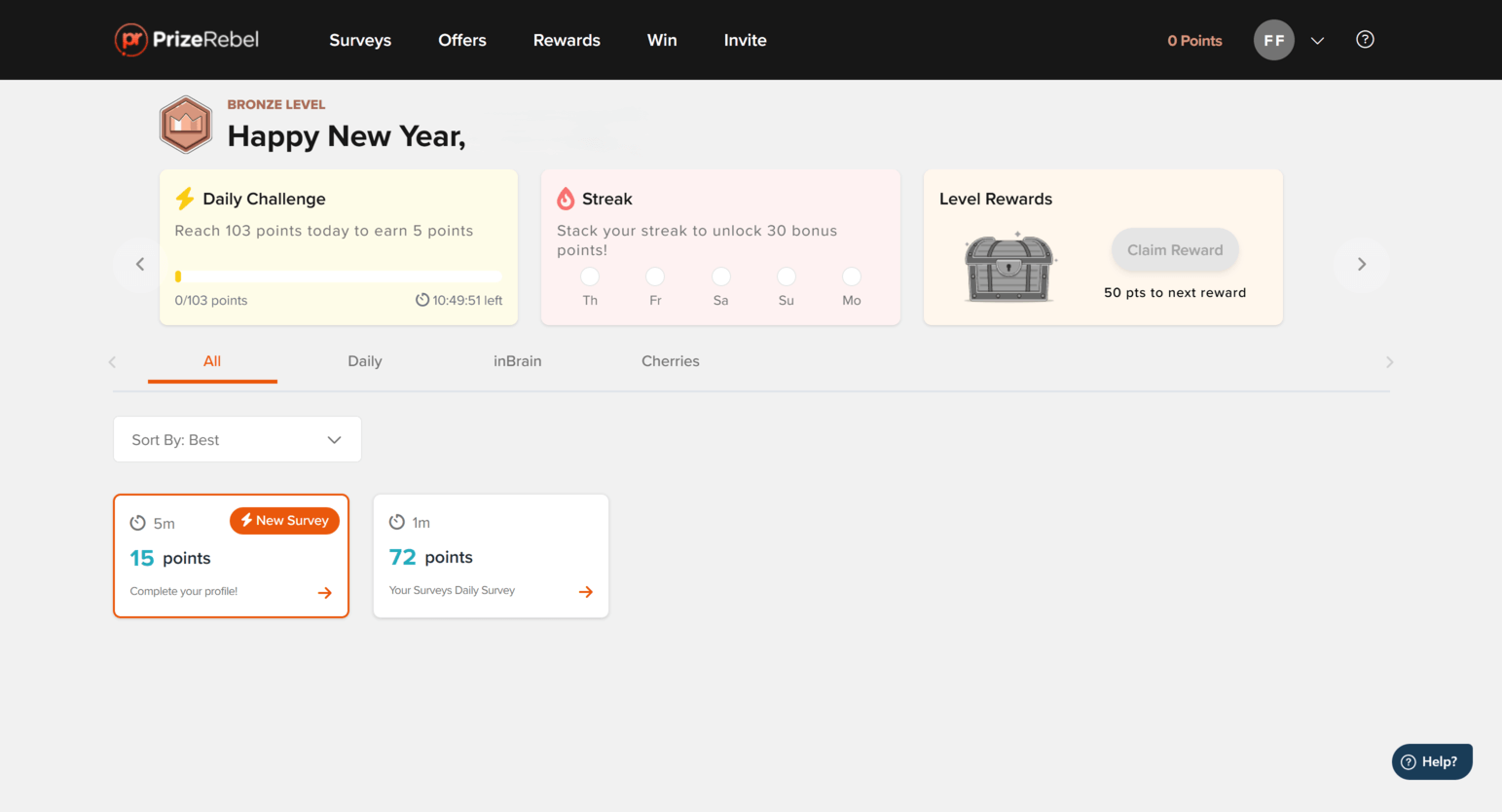 Page de gains PrizeRebel affichant les tâches disponibles, les sondages, les jeux et les opportunités de récompenses