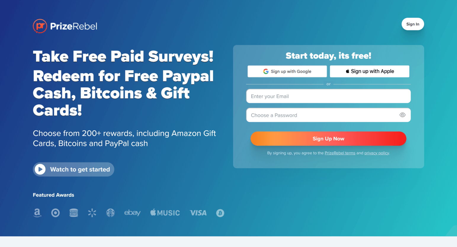 Page d'accueil PrizeRebel affichant un aperçu de la plateforme et des opportunités de gains