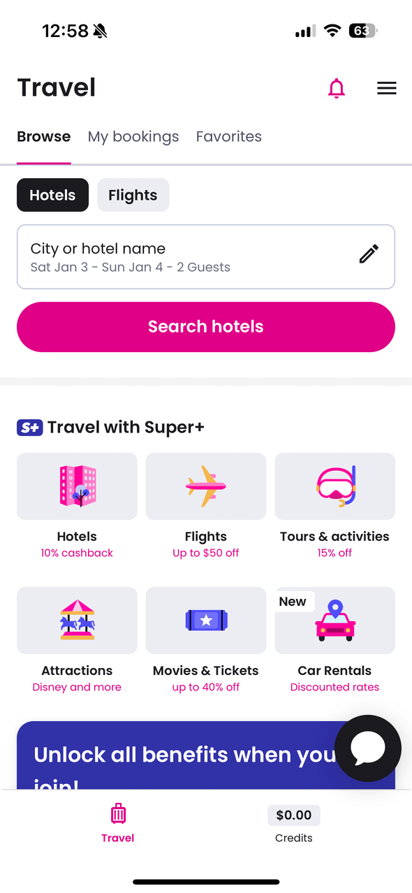 Screenshot der Super.com-Mobil-App mit verfügbaren Angeboten, gesponserten Spielen, Angeboten und Belohnungsmöglichkeiten