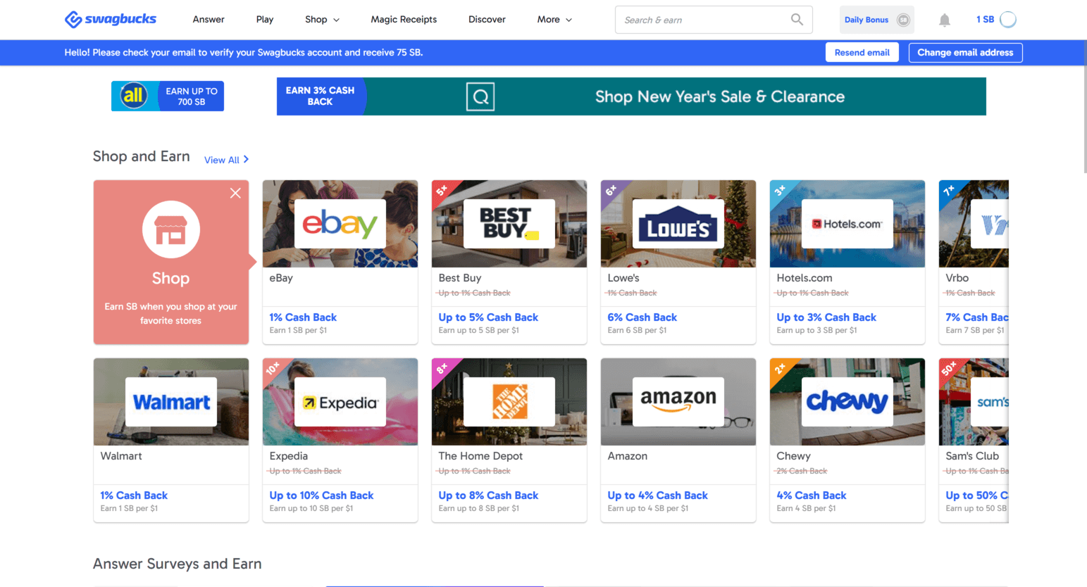 Página de ganhos Swagbucks mostrando atividades disponíveis, inquéritos, jogos e oportunidades de recompensas