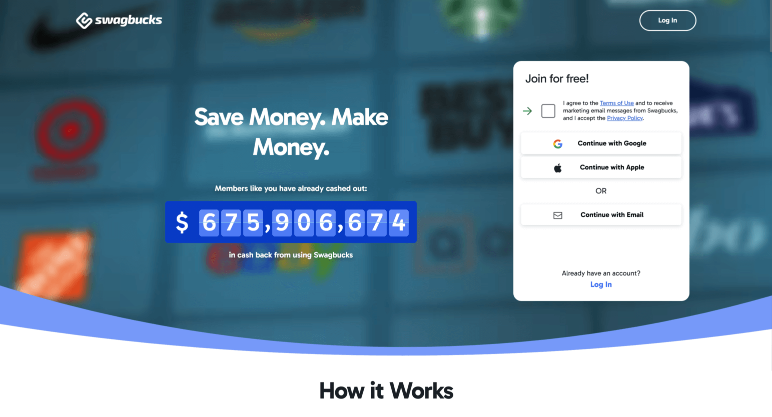 Página inicial do Swagbucks mostrando uma visão geral da plataforma e oportunidades de ganhos