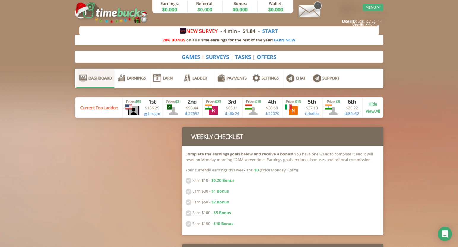 Página de ganhos TimeBucks mostrando atividades disponíveis, inquéritos, jogos e oportunidades de recompensas