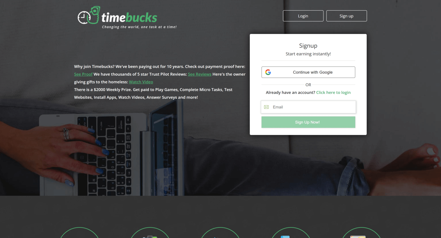 Página inicial TimeBucks mostrando uma visão geral da plataforma e oportunidades de ganhos
