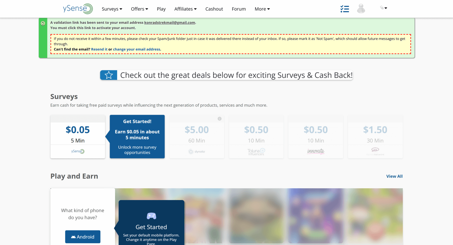 صفحة كسب ySense مع المهام المتاحة، الاستطلاعات، الألعاب وفرص المكافآت