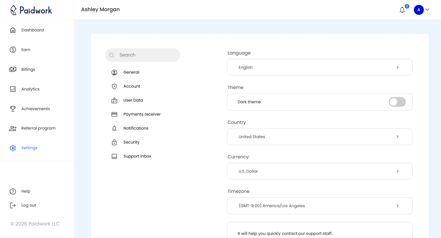 Paidwork account settings page for updating personal information, security settings, and preferences