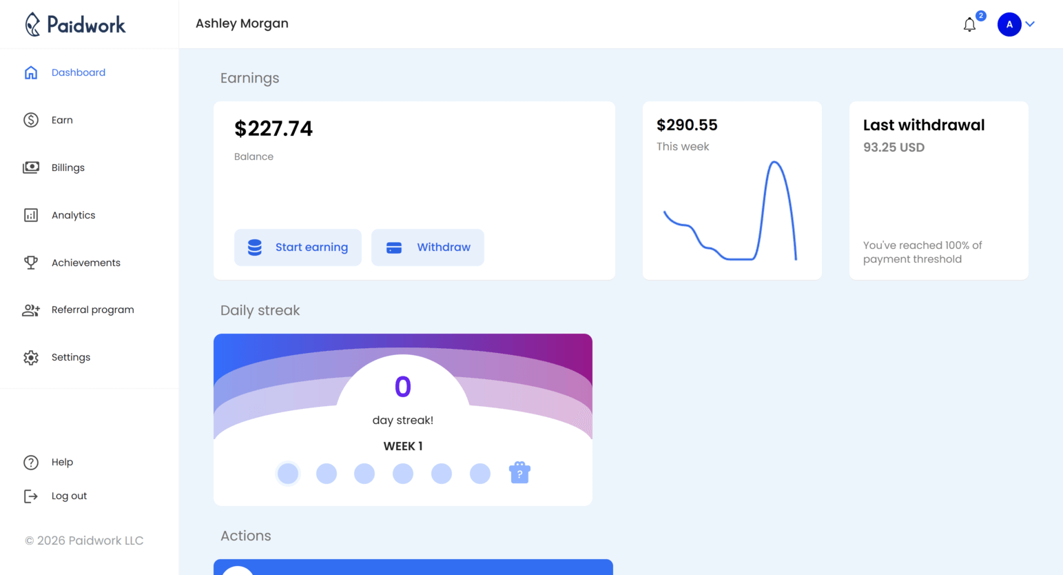 Paidwork dashboard interface showing earnings balance, account summary, and available earning opportunities