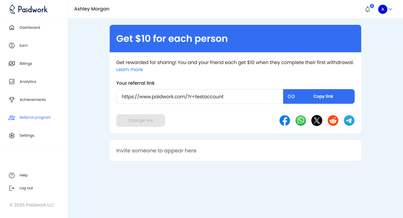 Paidwork referrals page showing unique referral link, referral tracking, and referral earnings