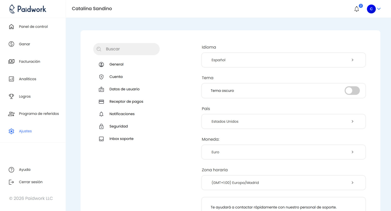 Página de configuración de cuenta de Paidwork para actualizar información personal, configuración de seguridad y preferencias