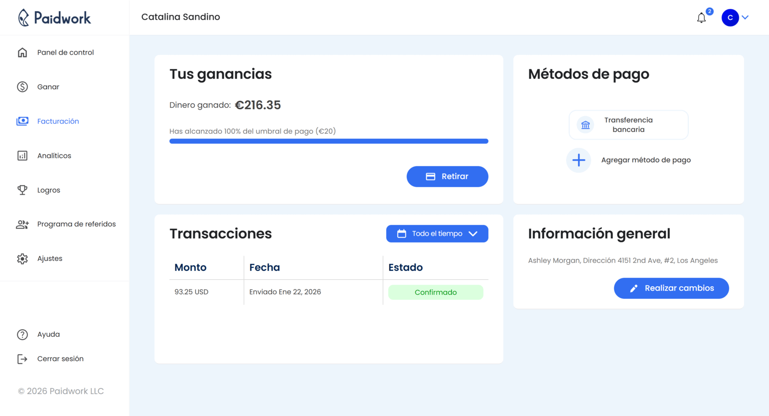 Página de retiros de Paidwork que muestra saldo disponible, umbral de pago e historial de retiros