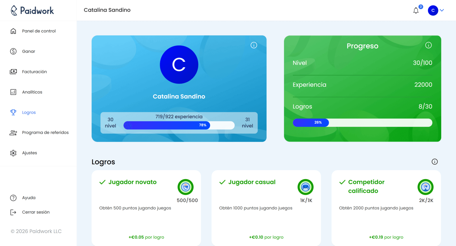 Página de perfil de usuario de Paidwork para completar información personal y configuración de cuenta