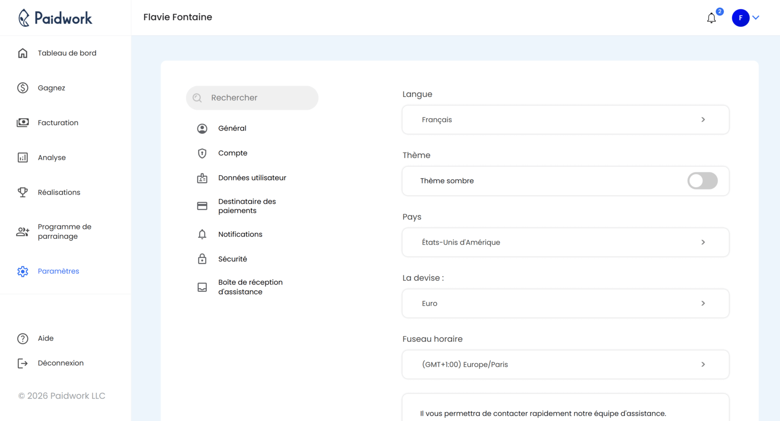 Page des paramètres de compte Paidwork affichant les exigences du compte et les options de vérification