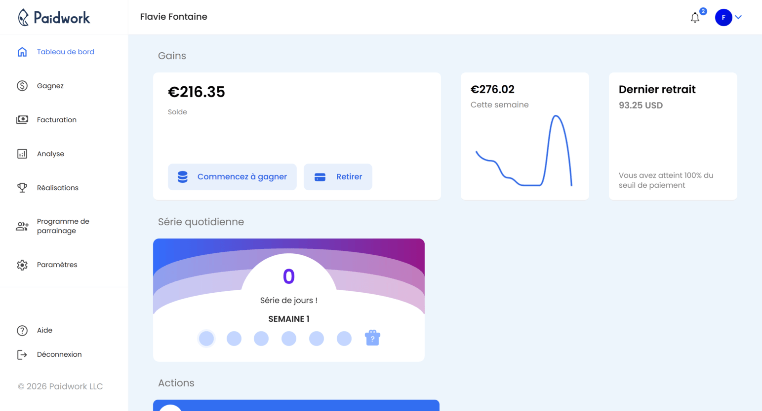 Interface du tableau de bord Paidwork montrant le solde des gains, le résumé du compte et les opportunités de gains disponibles