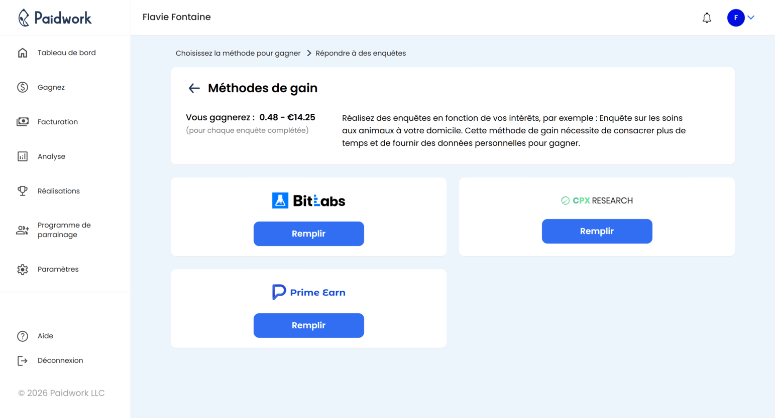 Meilleurs pays pour les sondages sur Paidwork - emplacements de sondages les mieux payés tableau de bord