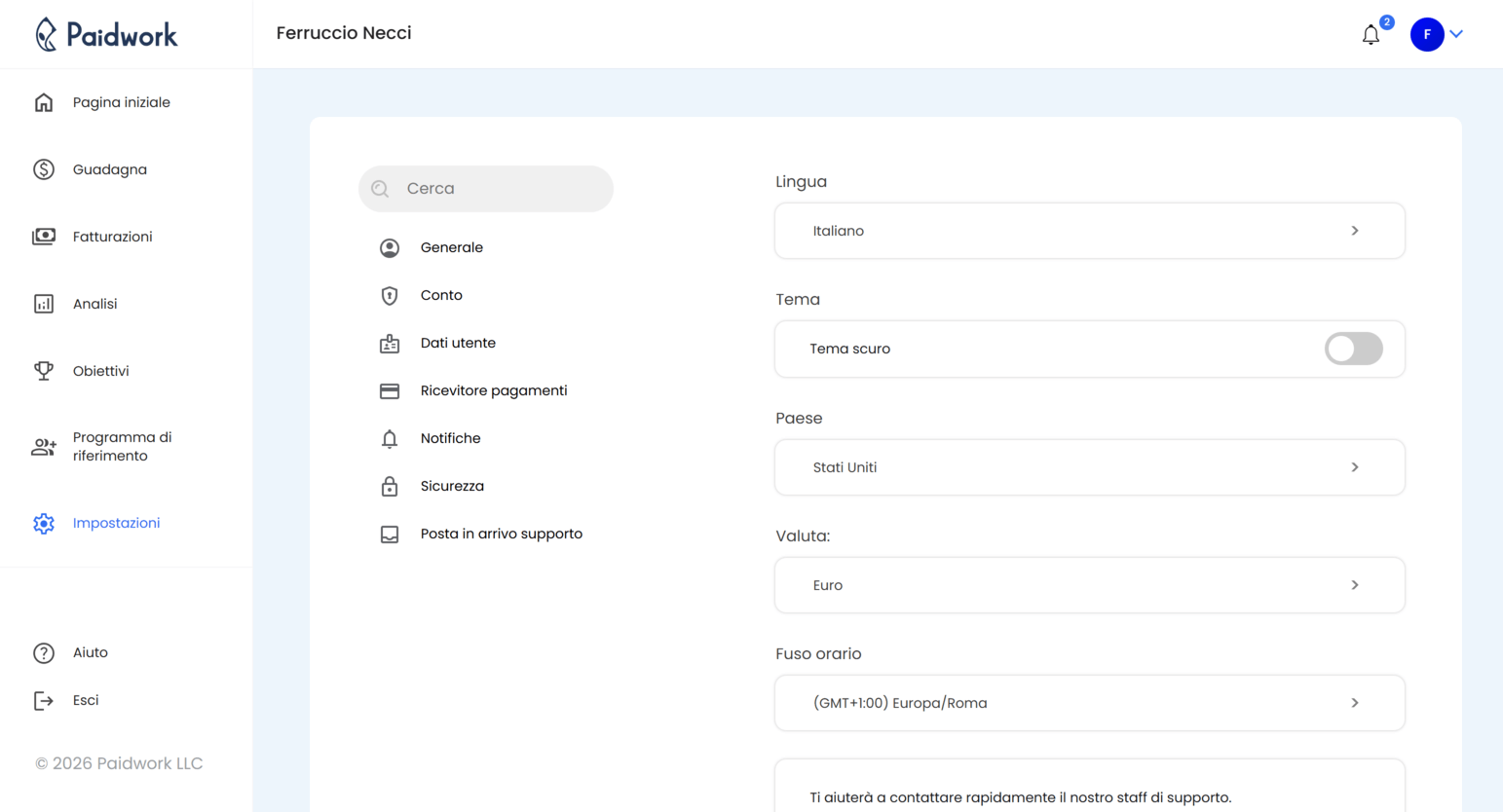 Impostazioni dell'account Paidwork che mostrano la sezione di verifica e i requisiti