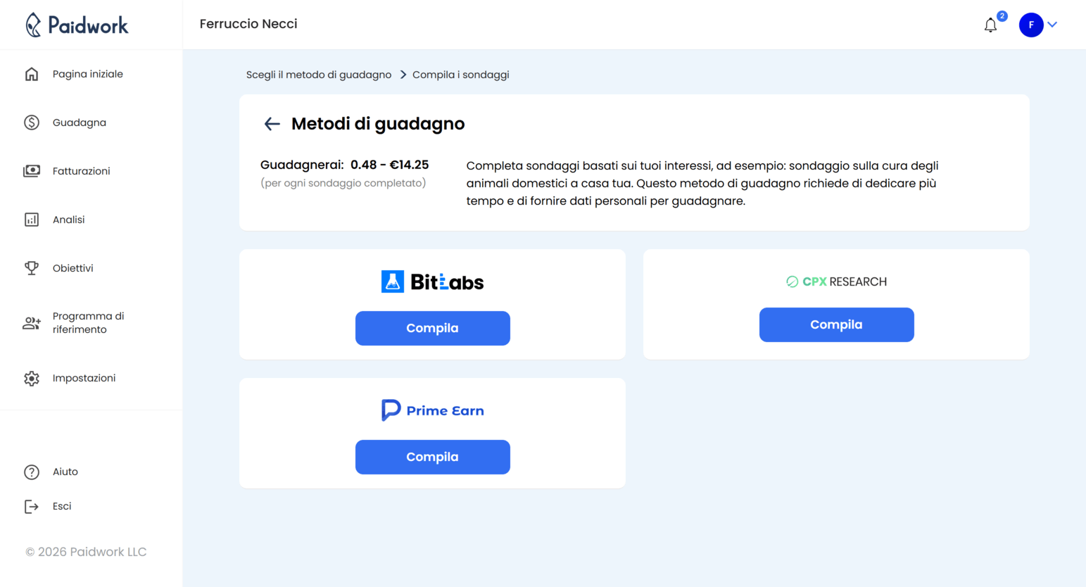 Guadagnare denaro completando sondaggi di ricerca di mercato con il partner SurveyMonkey sulla piattaforma Paidwork