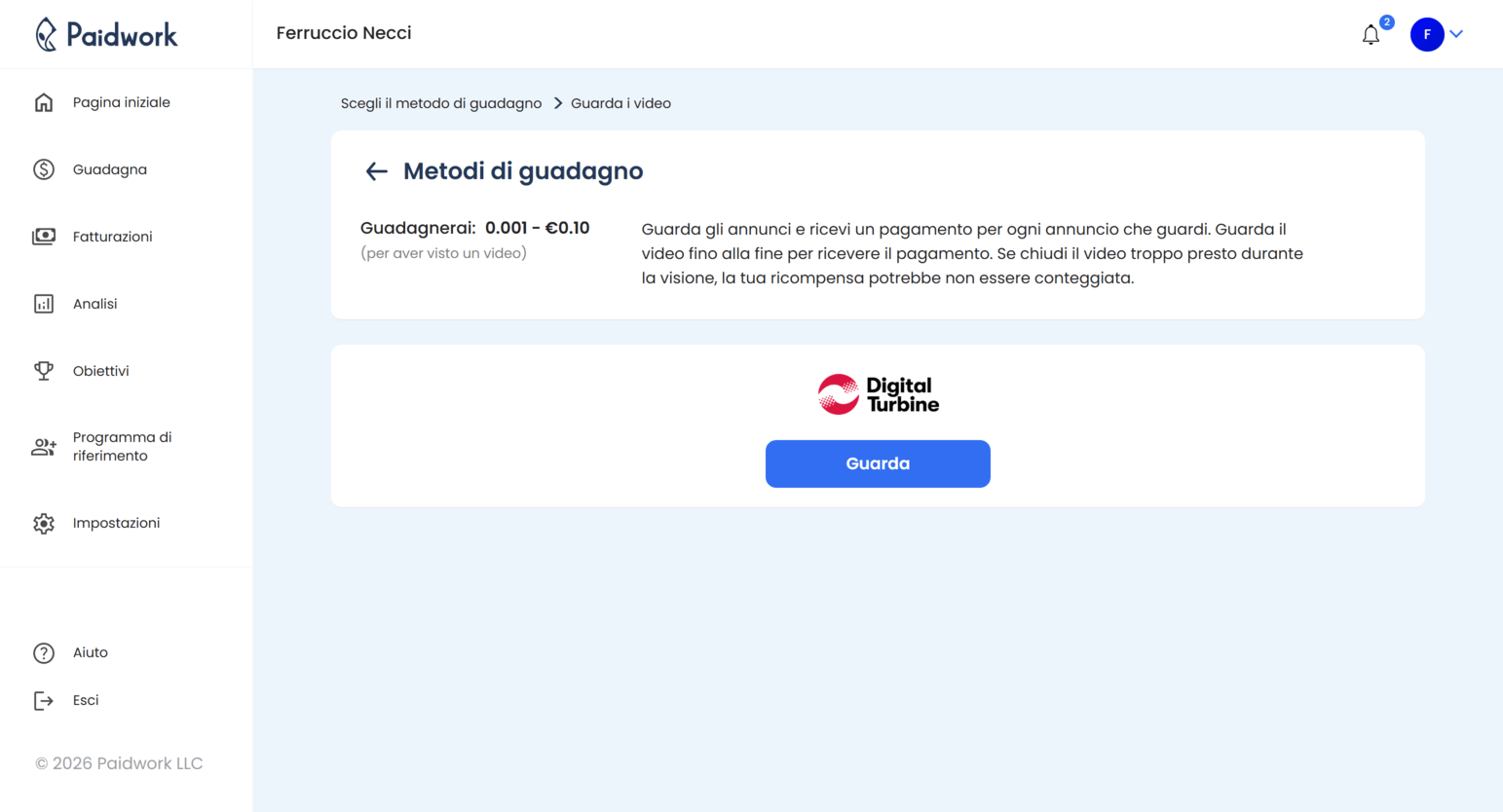 Come guardare video paga su Paidwork - metodi di guadagno video dashboard