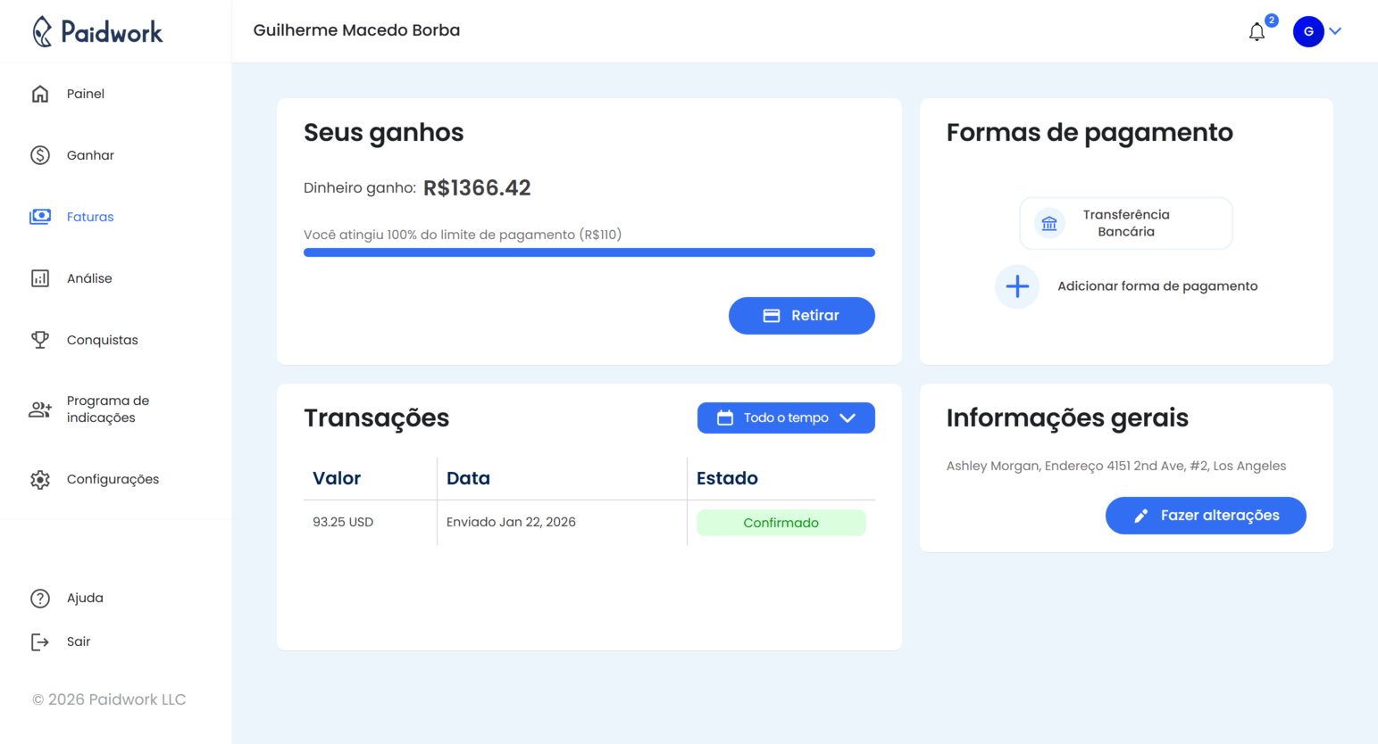 Página de saques Paidwork mostrando saldo disponível, limite de pagamento e histórico de saques