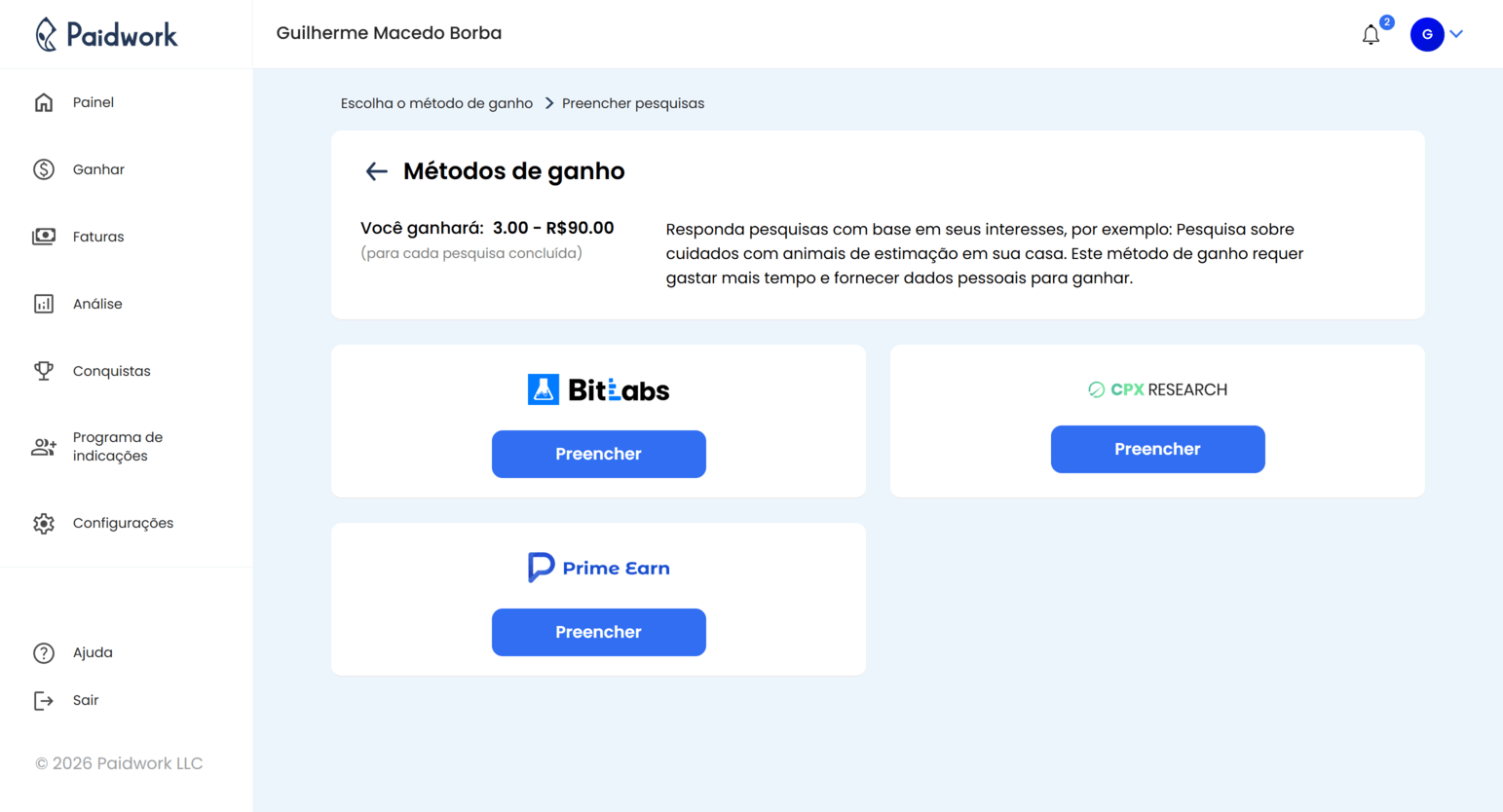 Quanto tempo as pesquisas levam para serem creditadas no Paidwork - tempos de crédito de pesquisas painel