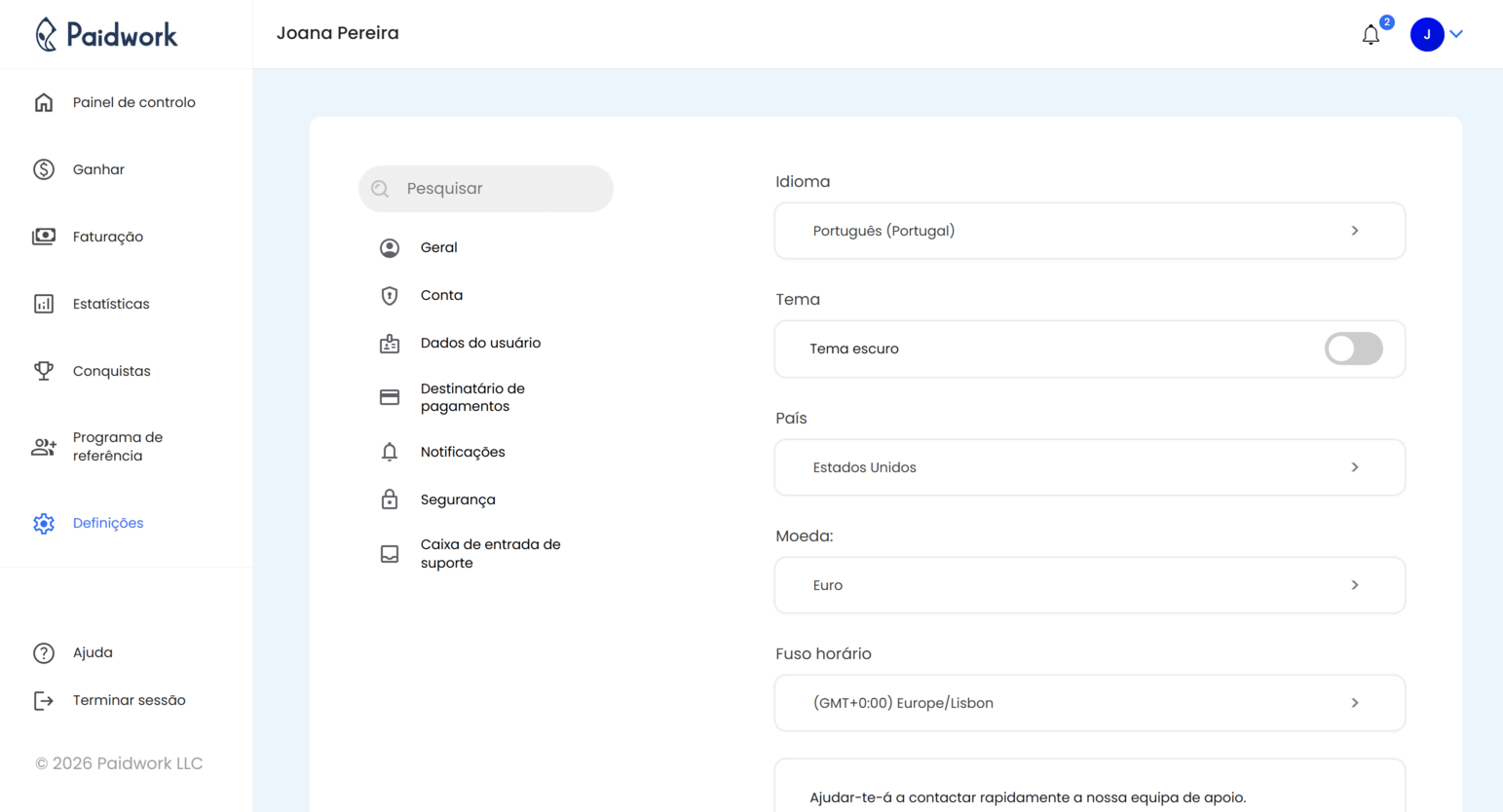 Página de configurações da conta Paidwork mostrando requisitos da conta e opções de verificação