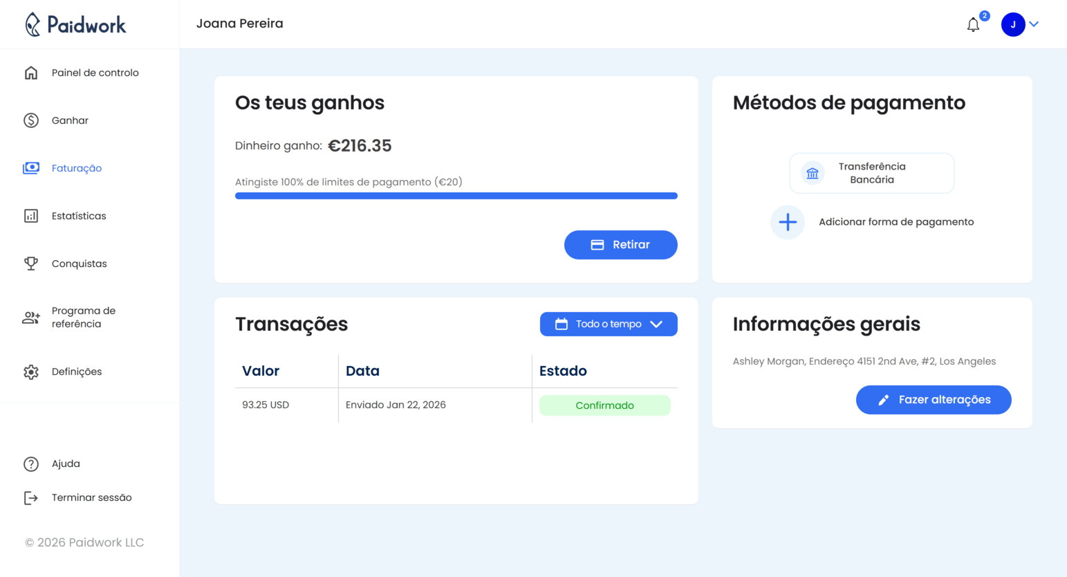 Página de levantamentos Paidwork mostrando saldo disponível, limite de pagamento e histórico de levantamentos