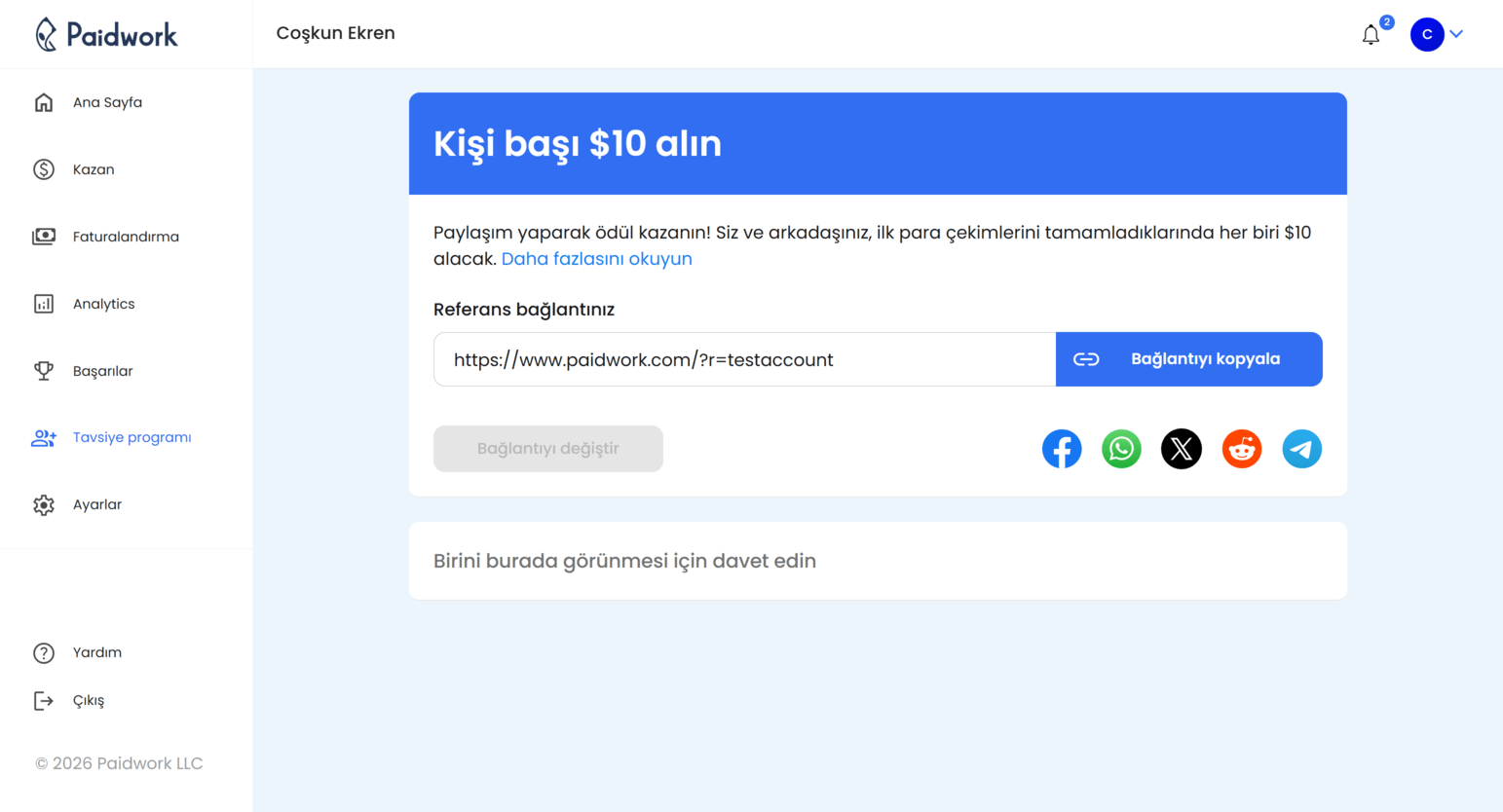 Referans bağlantısını ve referans takibini gösteren Paidwork referans programı sayfası