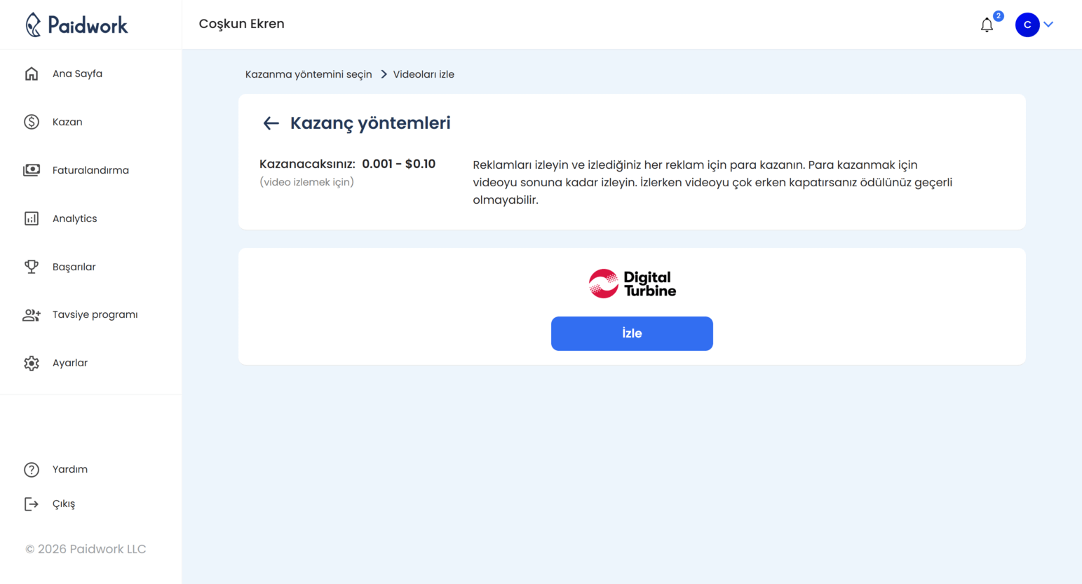 Paidwork'te video izleme nasıl öder - video kazanç yöntemleri kontrol paneli